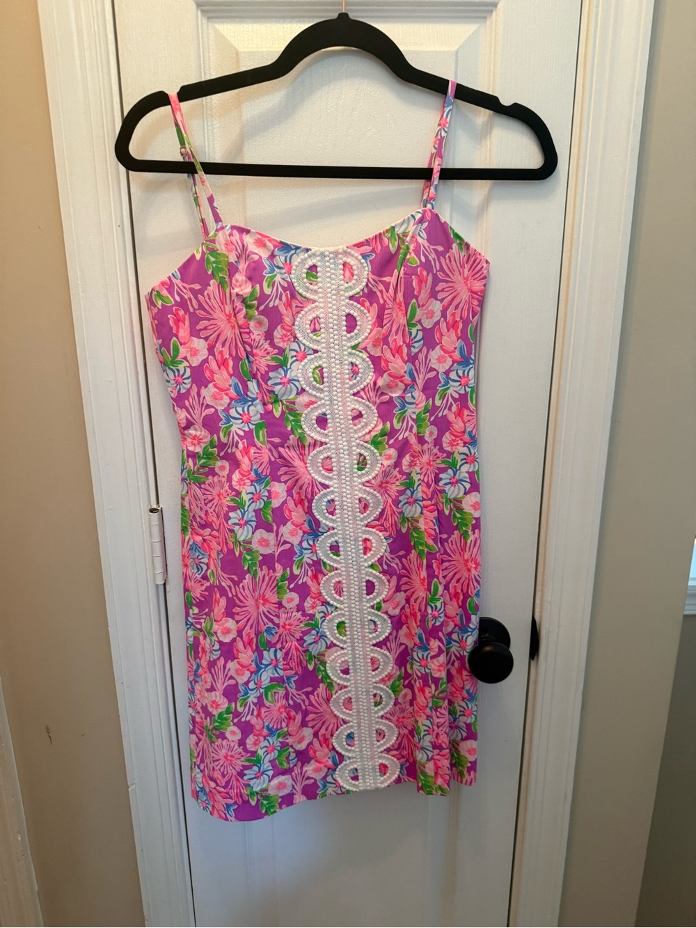 Lilly Pulitzer Pink Floral Spaghetti-Strap Dress with White Lace Trim